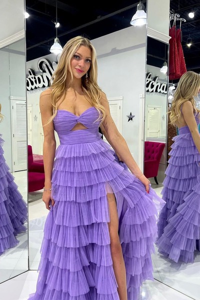 Sweetheart Lilac Ruffle Tulle Keyhole Long Prom Dresses with Slit,PD230472