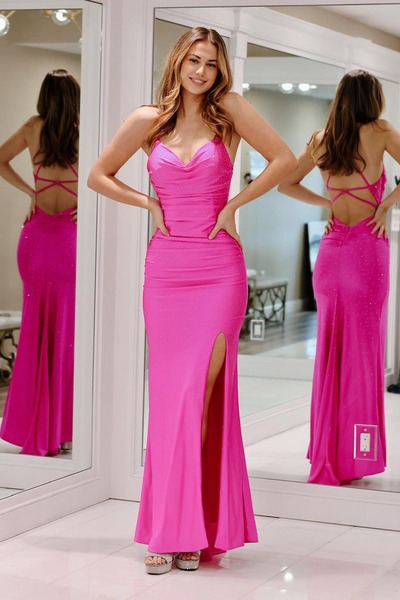 Cowl Neck Mermaid Fuchsia Satin Beaded Long Prom Dresses with Slit,PD230473