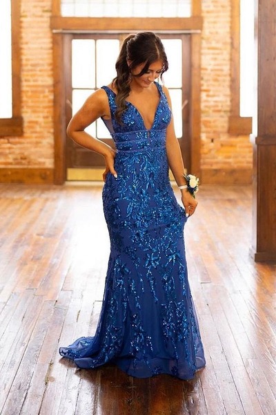 Mermaid Blue V Neck Sequins Long Prom Dresses,PD230474