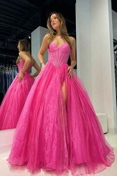 A-Line Pink Strapless Organza Long Prom Dresses with Beading ,PD230475
