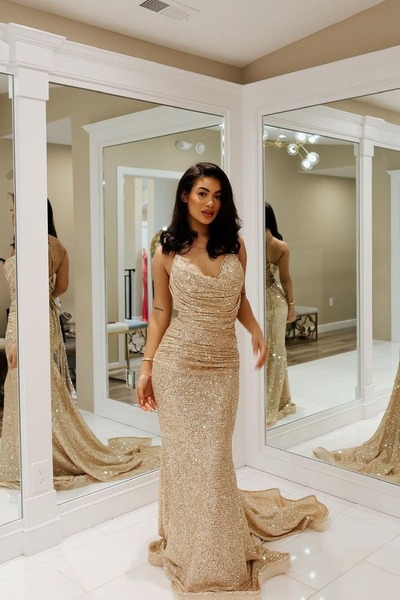 Mermaid Gold Cowl Neck Sequins Long Prom Dresses ,PD230482