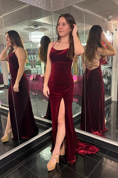 Mermaid Burgundy Scoop Neck Velvet Long Prom Dresses with Slit,PD230484