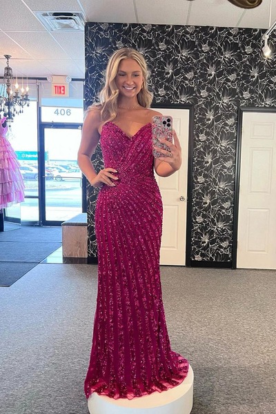 Mermaid Fuchsia Strapless Sequins Long Prom Dresses ,PD230495