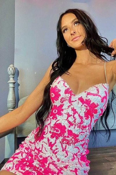 Short Pink V Neck Sequins Bodycon Homecoming Dresses Mini Cocktail Dress ,PD230496