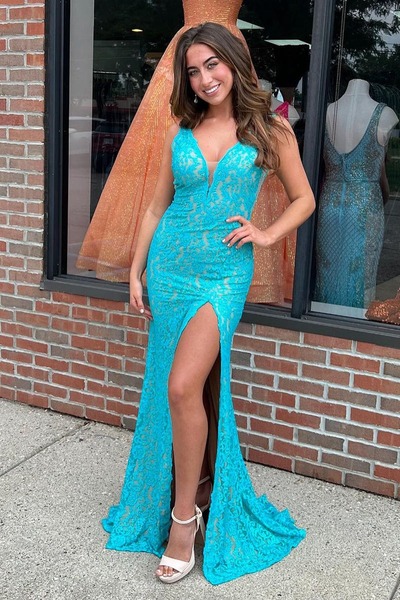 Mermaid Blue V Neck Lace Long Prom Dresses with Slit,PD230500