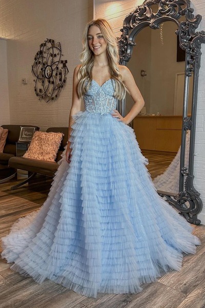 Long Blue Sweetheart Ruffle Tiered Tulle Prom Dresses with Appliques,PD230505