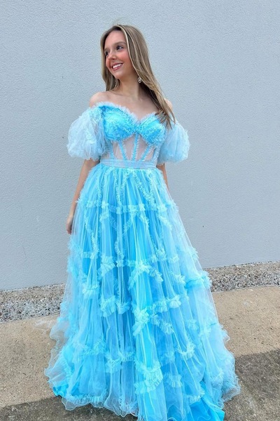 Sweetheart Light Blue Ruffle Tulle Long Prom Dresses,PD230506