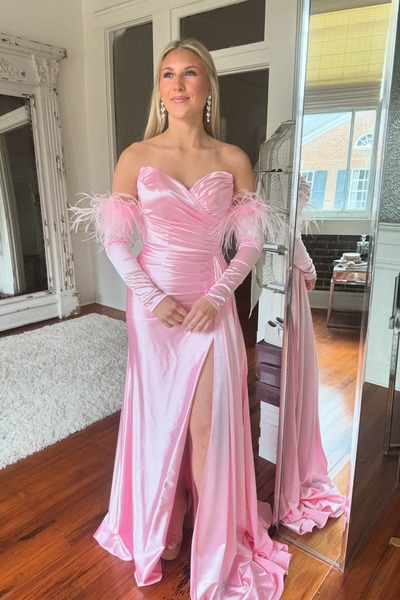 Mermaid Pink Strapless Satin Long Prom Dresses,PD230511