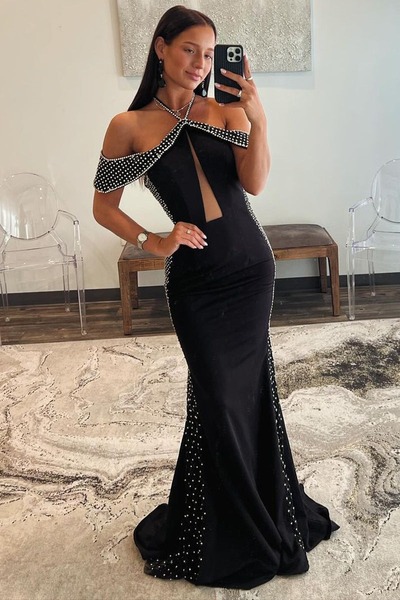 Mermaid Black Halter Satin Long Prom Dresses with Beading,PD230514