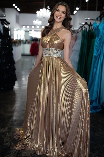 Gold Long Halter Pleated Satin Prom Dress with Beading ,PD230518
