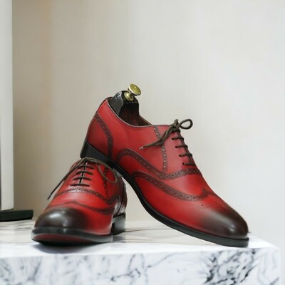 Men's Handmade Burgundy Leather Wing Tip Dress Shoes