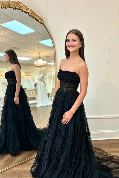 Black Strapless Ruffle Tulle A-Line Prom Dresses ,PD230522
