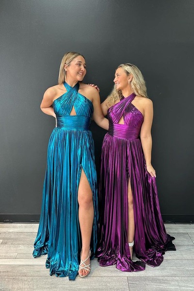 A-Line Purple Halter Pleated Satin Prom Dress with Slit ,PD230523