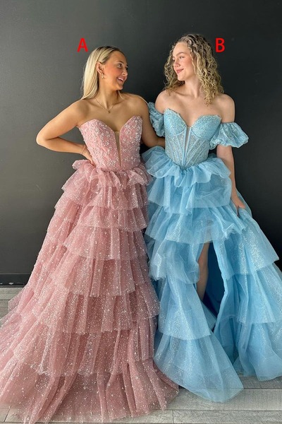 Strapless Tiered Tulle Long Prom Dresses with Beading,PD230528