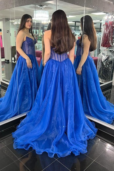 Strapless Royal Blue Organza Long Prom Dresses with Beading,PD230529