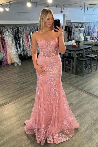 Mermaid Pink Strapless Lace Long Prom Dresses,PD230535