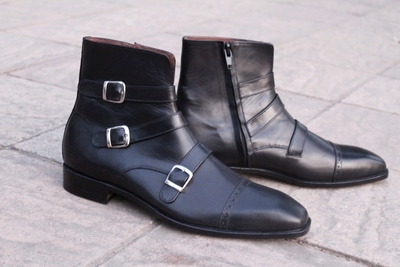 Crafted Leather Classic Black Leather Triple Buckle Strap Ankle High Jodhpur Boot