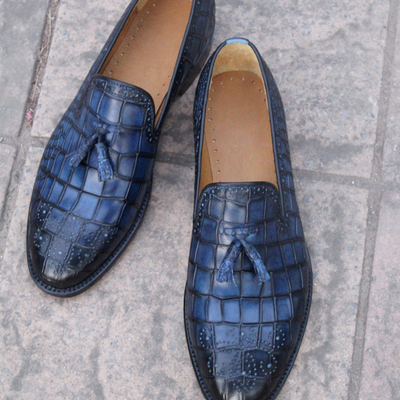 Crafted leather blue classic men crocodile/alligator tassel loafers dress shoes - Thumbnail 4