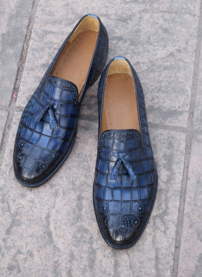 Crafted Leather Blue Classic Men Crocodile/Alligator Tassel Loafers Dress Shoes