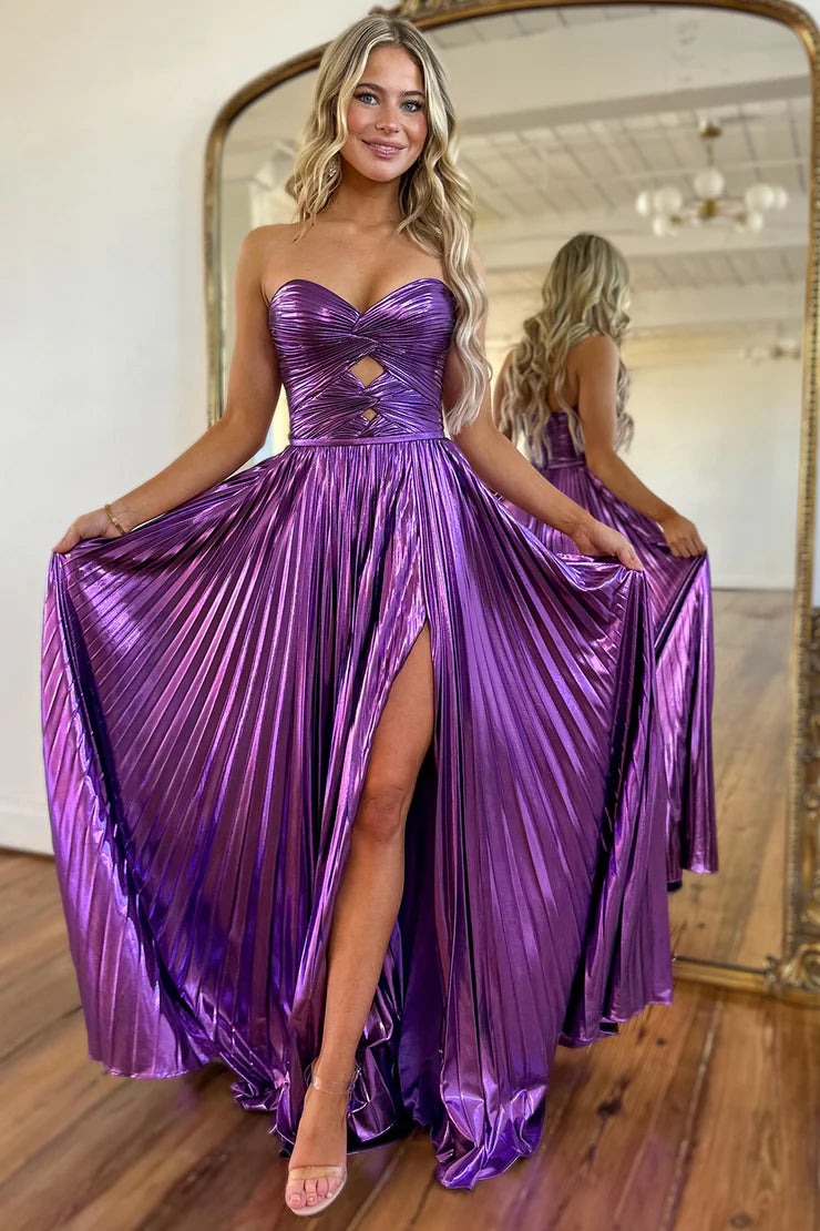 A Line Sweetheart Purple Metallic Satin Pleat Prom Dresses,BD251006