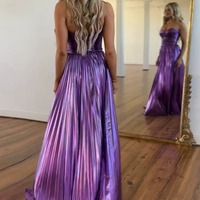 A Line Sweetheart Purple Metallic Satin Pleat Prom Dresses,BD251006 - Thumbnail 1