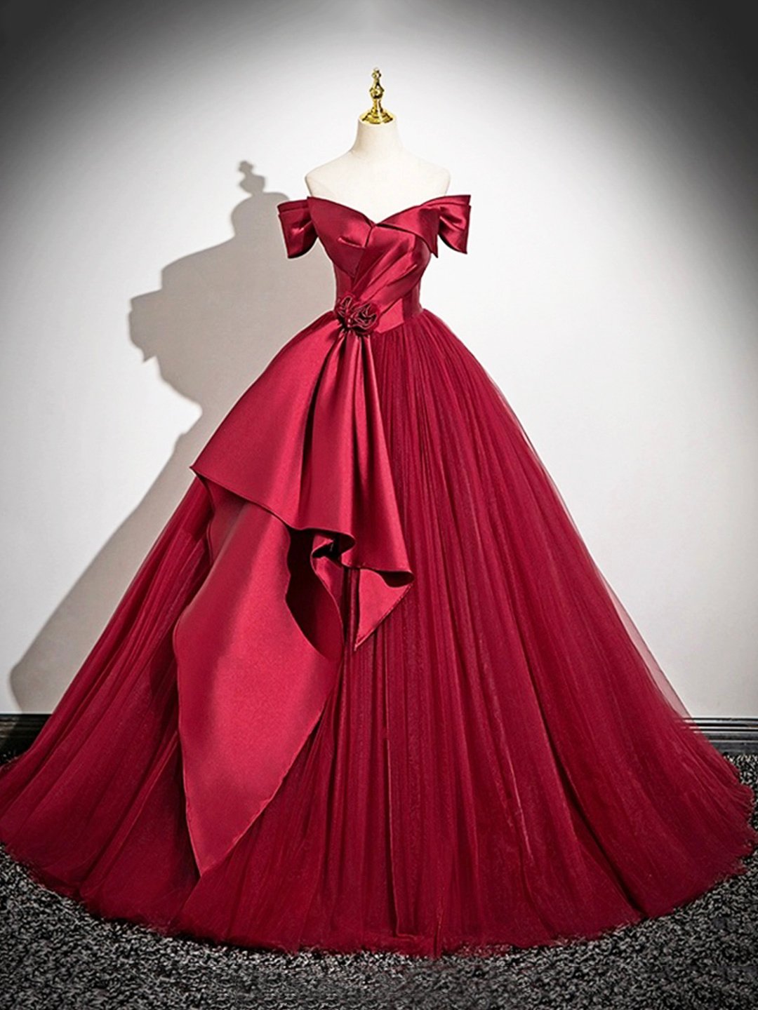 Burgundy Satin Tulle Floor Length Formal Prom Dress
