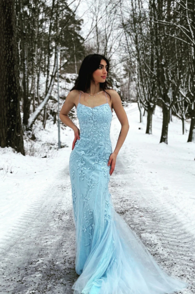 Sky Blue Mermaid Spaghetti Straps Cross Back Prom Dresses