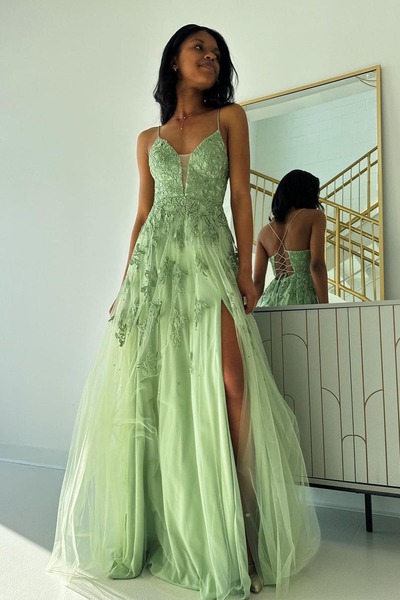 V Neck A-Line Sage Green Tulle Long Prom Dresses with Appliques,PD230586
