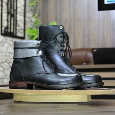 Ankle High Handmade Black Military Combat Boot For Men's