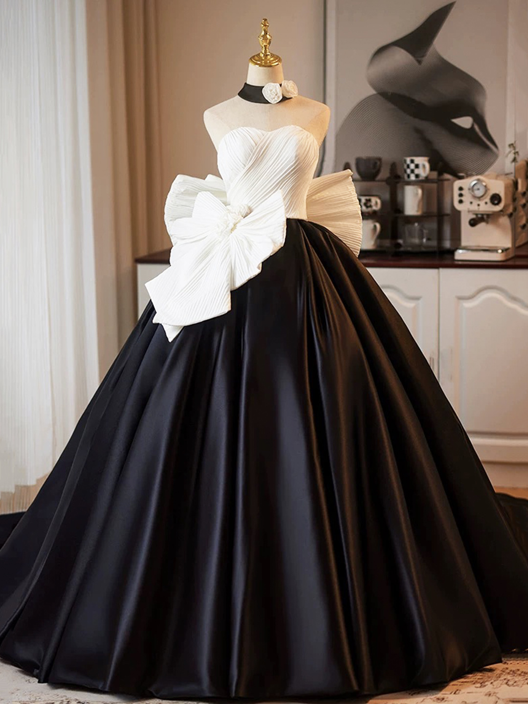 White and Black Long Prom Dress, A-Line Evening Party Dress