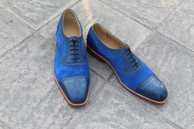 Crafted Leather Handmade Men Blue Leather and Suede Contrast Oxford Dress Lace up Formal Shoes