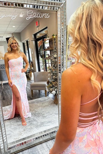 Pink Mermaid One Shoulder Sequin Lace Long Prom Dresses with Slit,PD230593