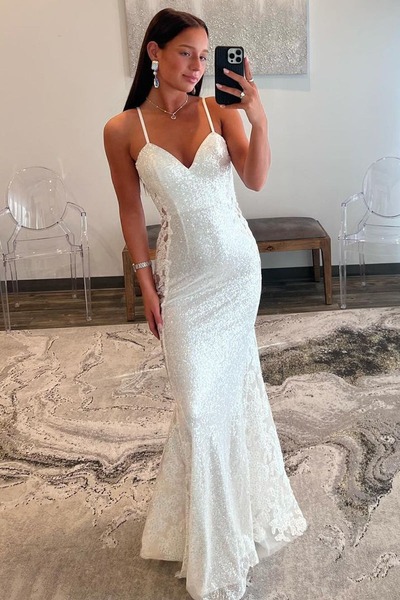 White Mermaid V Neck Sequin Long Prom Dresses with Appliques,PD230595