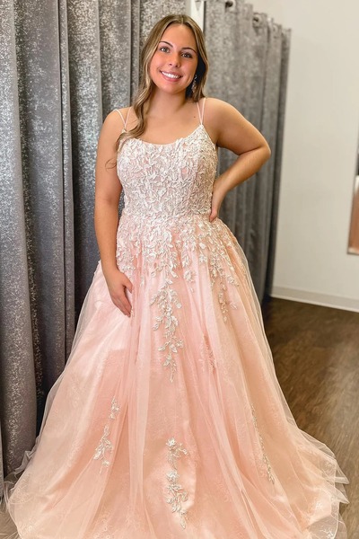 Scoop Neck A-Line Blush Pink Tulle Long Prom Dresses with Appliques,evening Dress,PD230613