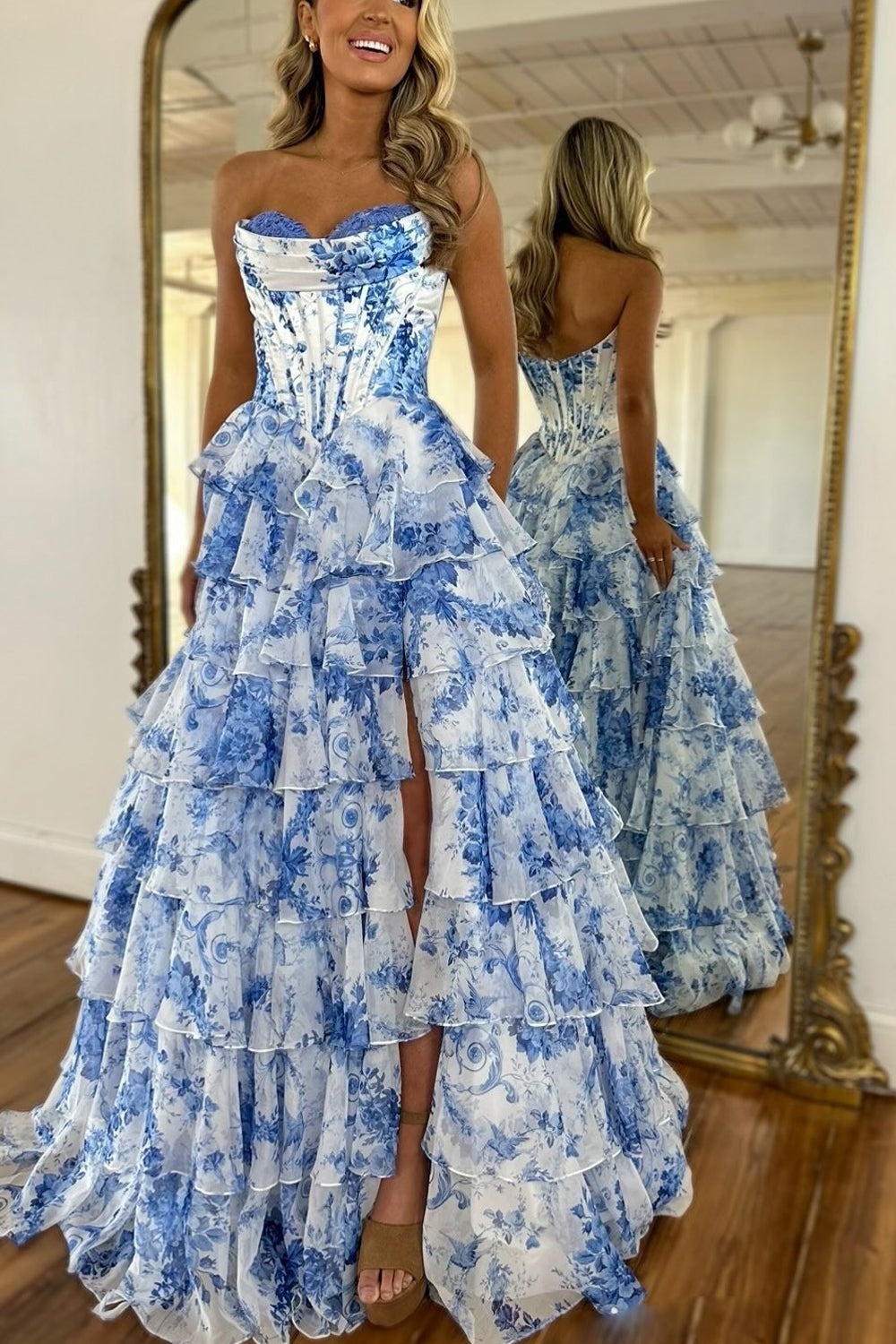 Sweet A Line Sweetheart Floral Printed Chiffon Tiered Prom Dresses,BD251017