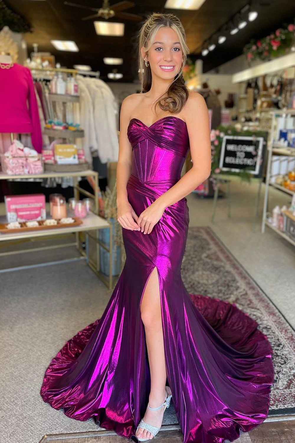 Mermaid Sweetheart Purple Metallic Satin Prom Dresses,BD251019