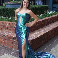 Mermaid Strapless Keyhelo Green Metallic Satin Prom Dresses,BD251020 - Thumbnail 1