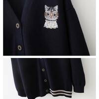 Cute Cat Embroidered V-neck Cardigan - Thumbnail 5
