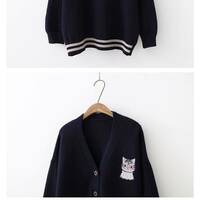 Cute Cat Embroidered V-neck Cardigan - Thumbnail 4