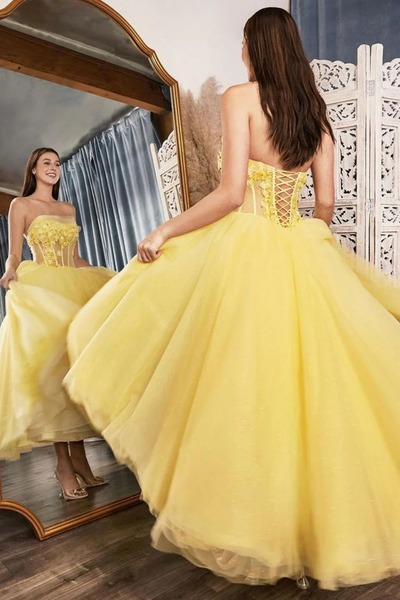 Strapless Yellow Long A Line Prom Dress with Criss Cross Back ,PD230627