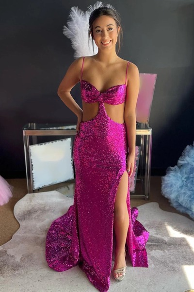 Sparkly Hot Pink Cut Out Sequins Sheath Long Prom Dress with Slit ,PD230629