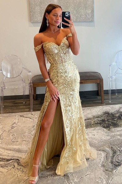 Gold Mermaid Sequin Lace Off the Shoulder Prom Dress,PD230639