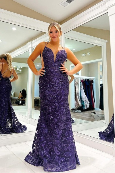 Graple Mermaid V Neck Neck Sequin Lace Long Prom Dress,PD230644