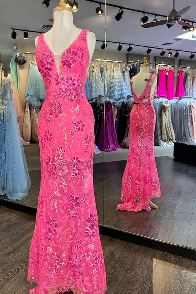 Pink Mermaid Sequin Appliques Plunge V Long Formal Dress ,PD230645