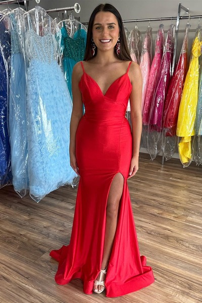 Red Mermaid V-Neck Open Back Long Formal Dress with Slit ,PD230648