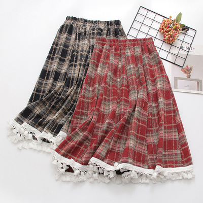 Retro woolen plaid midi skirt