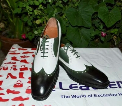 Crafted Leather Classic Green White Leather Wingtip Oxford Dress Shoes