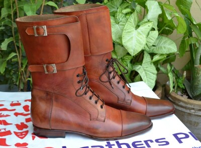 Crafted Leather Handmade Brown Double Buckle Ankle High Lace up Long Military Boot