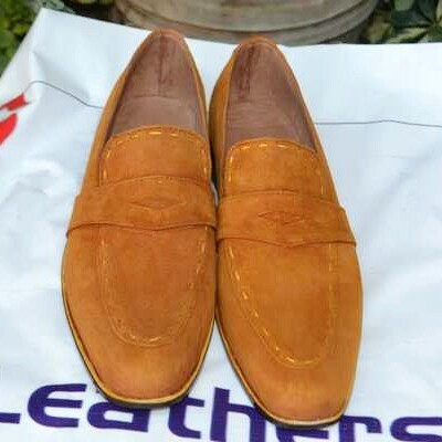 Crafted leather custom made men's brown suede leather moccasin loafer formal dress shoes - Thumbnail 5