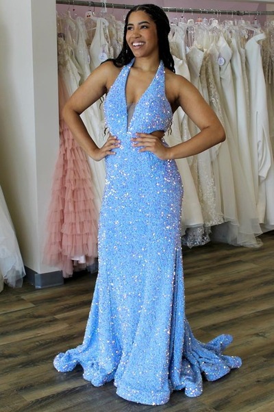 Long Blue Sequin Halter Trumpet Prom Dress,PD230651